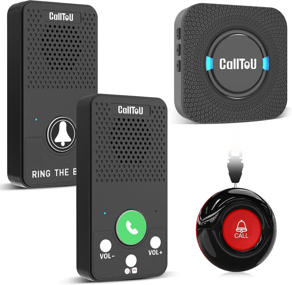 CallToU Wireless Caregiver Pager + Intercom System – 1 Receiver, 2 Call Buttons, 2 Intercoms